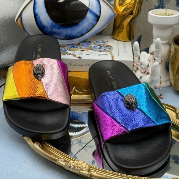 🆕 KURT GEIGER LONDON 🧿 NWOB Meena Eagle Metallic Pool Slide - Size 38 US 7.5 - Picture 4 of 12